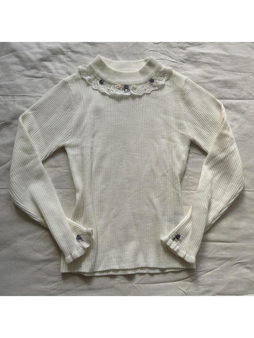 Axes Femme Ivory Ribbed Knit Top Rosette Lace Collar Long Sleeve Size M Japan
